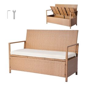 Outdoor Storage Bench, 2-Person PE Rattan Storage Bench, 70 Gal Deck Box with Cushion, Supports up to 265 lbs