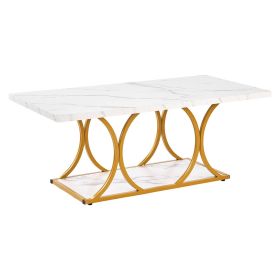 Coffee Table, Modern Faux Marble Coffee Table, Large 2-Tier Rectangle Center Desk with Geometric Legs