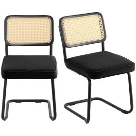 Rattan Dining Chairs Set of 2, Mid Century Modern Dining Chair, Upholstered Velvet Accent Chair with Rattan Back (Color: Black, quantity: 2 Packs)